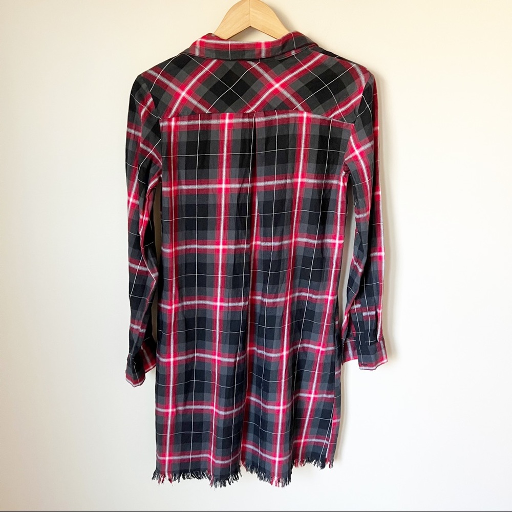 Zara Woman Premium Tartan Plaid Studded Pocket Fray Hem Shirt Dress Red Black XS - Picture 13 of 13